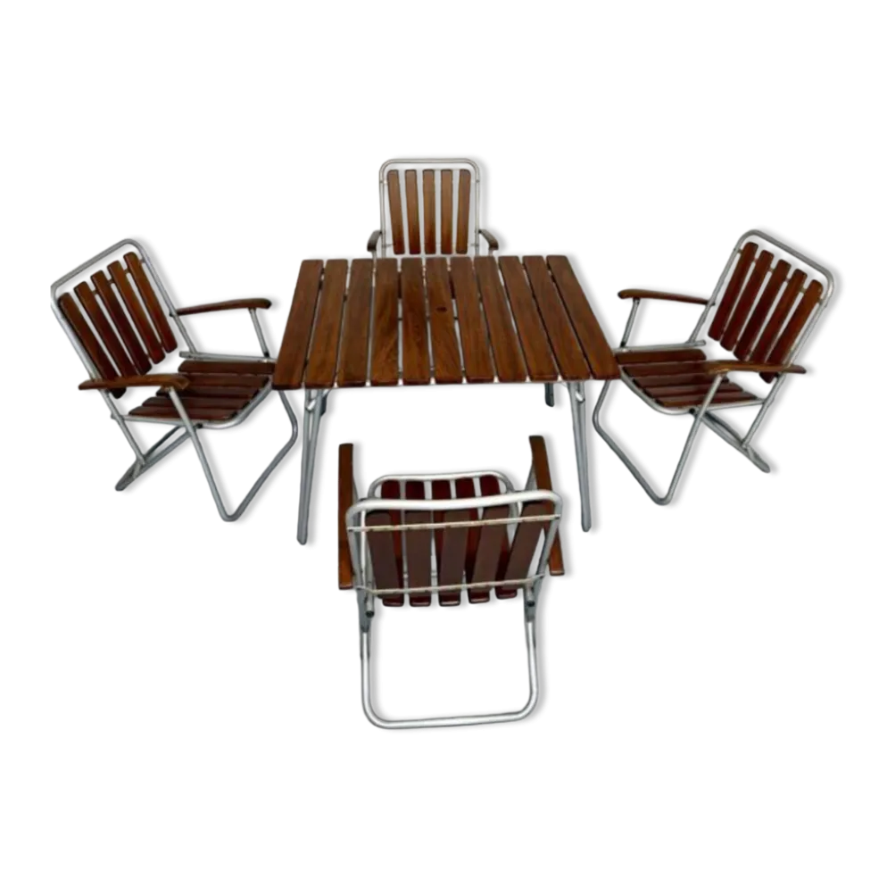 Salon de jardin vintage pliant, table et 4 fauteuils en bois et métal, 1960