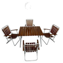 Salon de jardin vintage pliant, table et 4 fauteuils en bois et métal, 1960