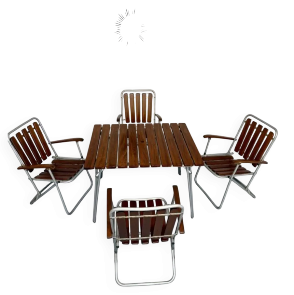 Salon de jardin vintage pliant, table et 4 fauteuils en bois et métal, 1960