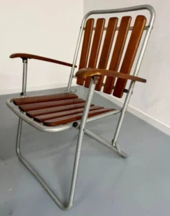 Salon de jardin vintage pliant, table et 4 fauteuils bois et métal, 1960