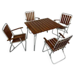 Salon de jardin vintage pliant, table et 4 fauteuils bois et métal, 1960