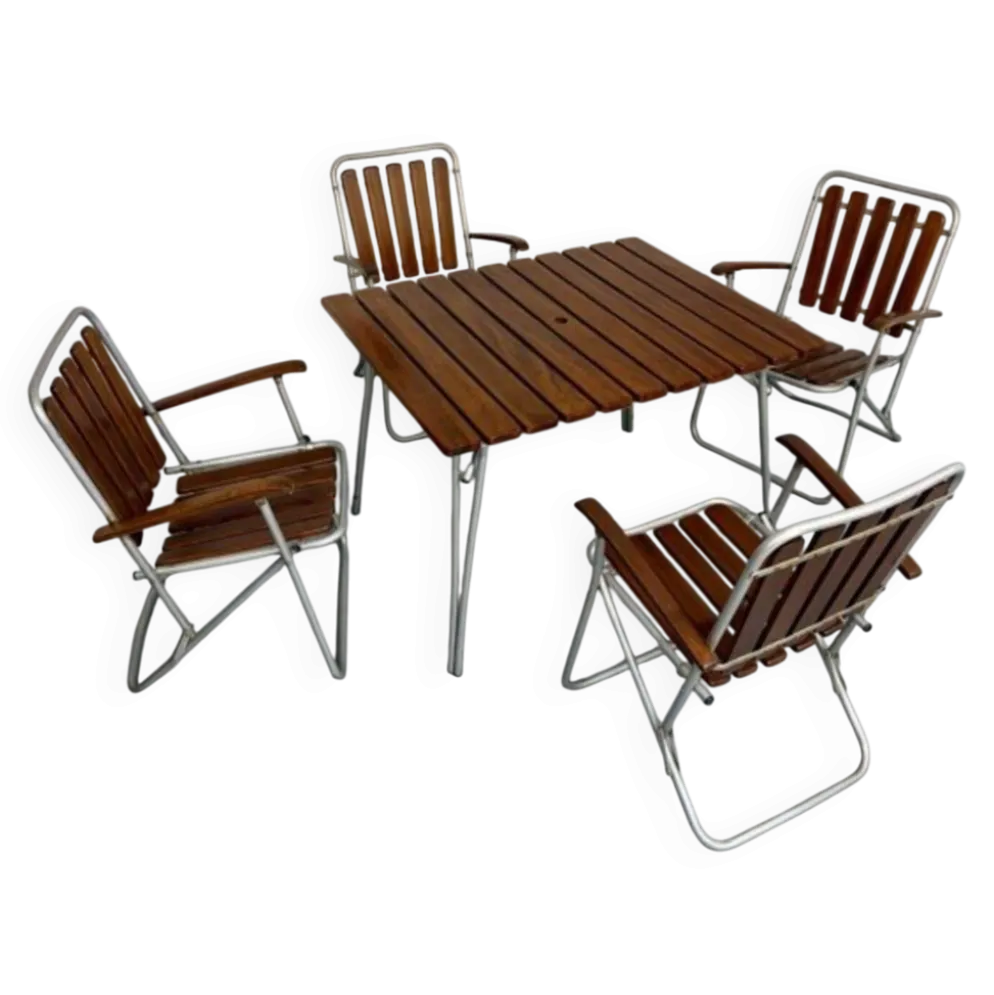 Salon de jardin vintage pliant, table et 4 fauteuils bois et métal, 1960