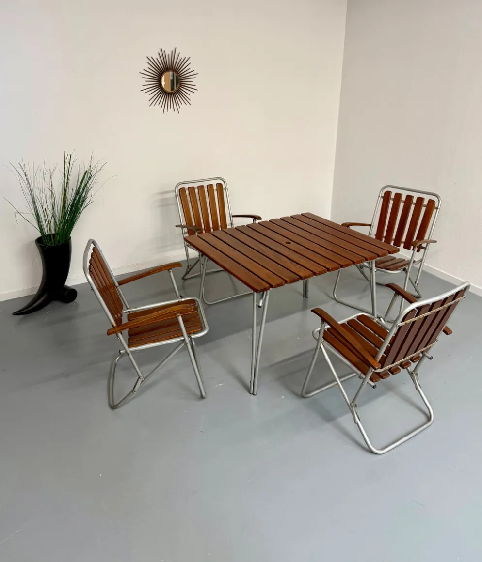 Salon de jardin vintage pliant table 4 fauteuils bois et métal 1960