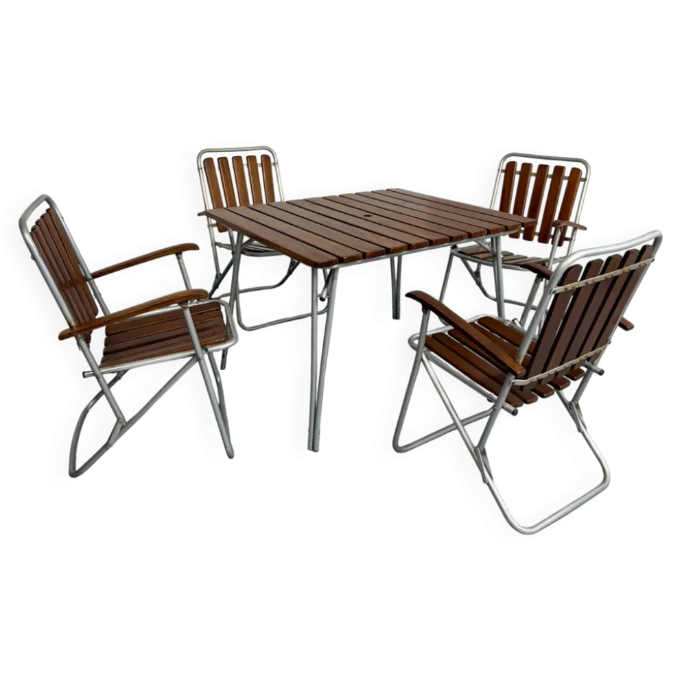 Salon de jardin vintage pliant table 4 fauteuils bois et métal 1960