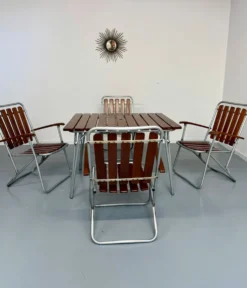 Salon de jardin vintage pliant table 4 fauteuils bois et métal 1960