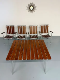 Salon de jardin vintage pliant table 4 fauteuils bois et métal 1960