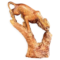 Sculpture de léopard africain sculptée à la main sur tronc d'arbre, figure d'art populaire tribal