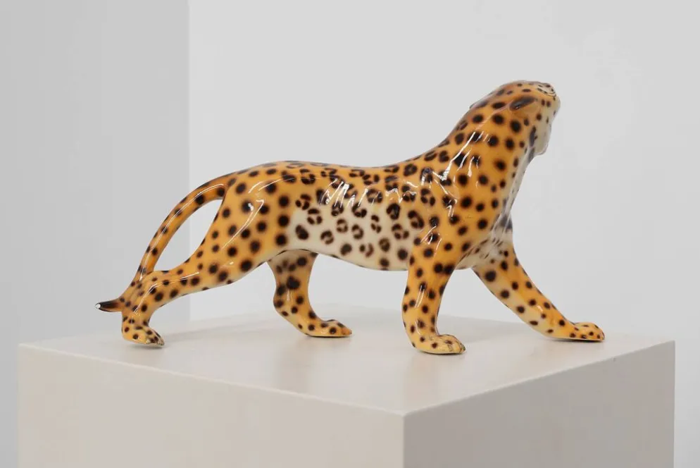 Sculpture en céramique léopard peinte à la main par Giovanni Rozan, Italie vers 1950