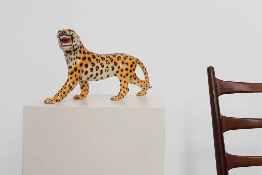 Sculpture en céramique léopard peinte à la main par Giovanni Rozan, Italie vers 1950