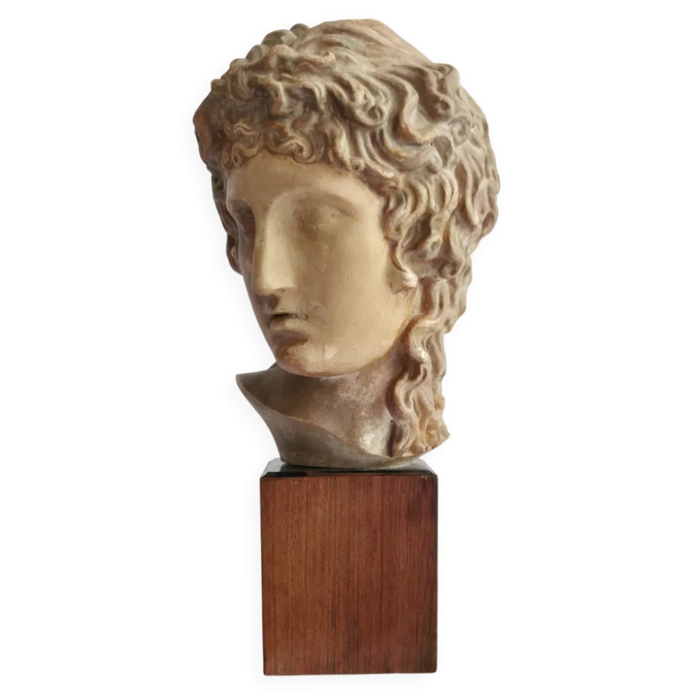 Sculpture, Grande tête creuse d'Apollon, vers 1890, sur socle en bois