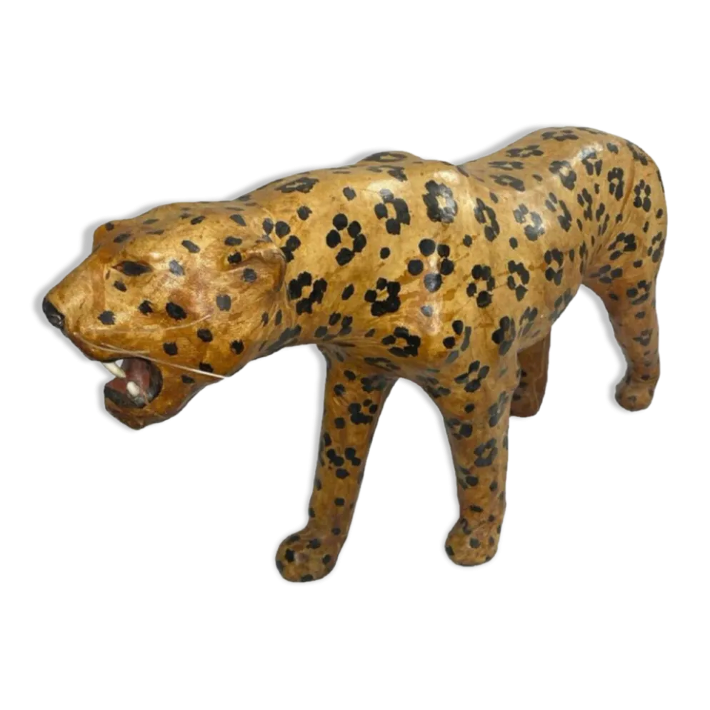 Sculpture Léopard Vintage Années 60/70 en Cuir Véritable Pièce Rétro