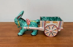 Sculpture vintage italienne peinte à la main âne avec charrette en forme de bol de Deruta, Italie