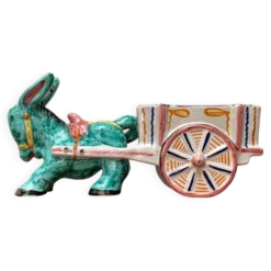 Sculpture vintage italienne peinte à la main âne avec charrette en forme de bol de Deruta, Italie