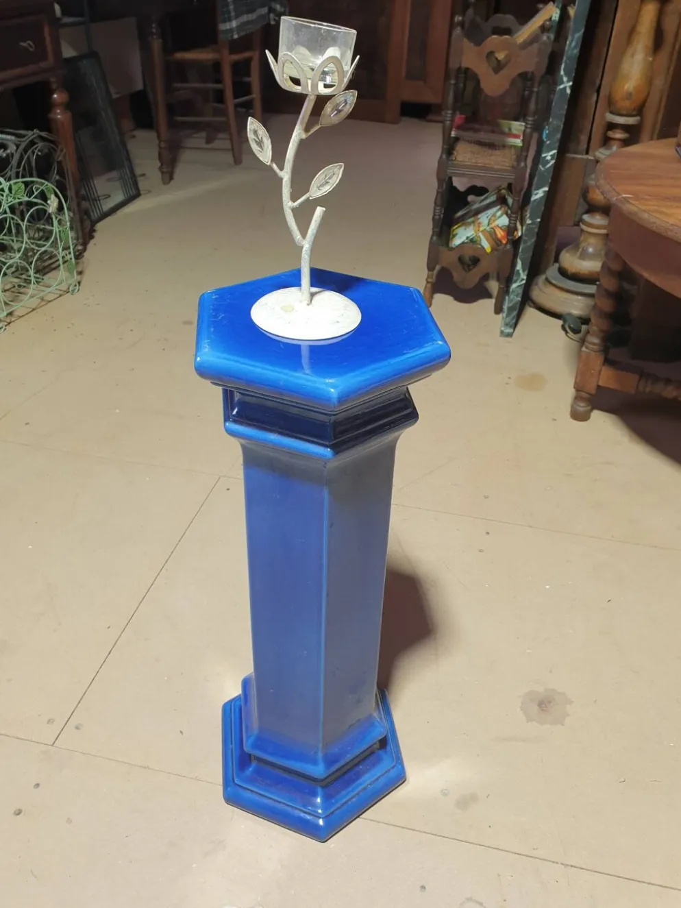Sellette - colonne en faïence bleue