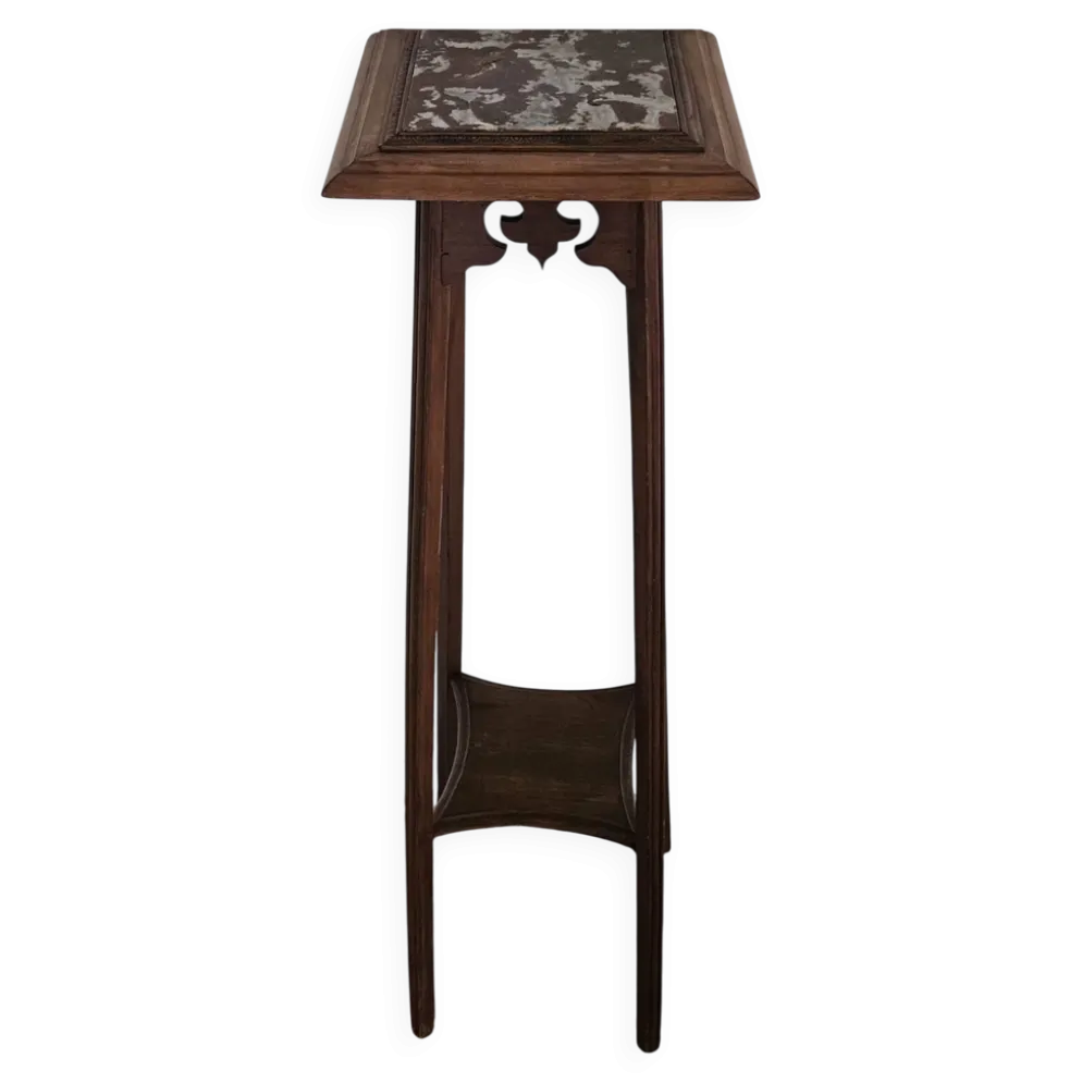 Sellette porte-plante haute en bois sculpté et marbre Art nouveau