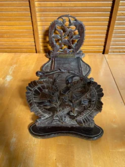 Serre Livres Ancien Extensible Bois Sculpté Motif Végétaux Vintage #E3