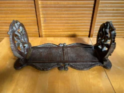 Serre Livres Ancien Extensible Bois Sculpté Motif Végétaux Vintage #E3
