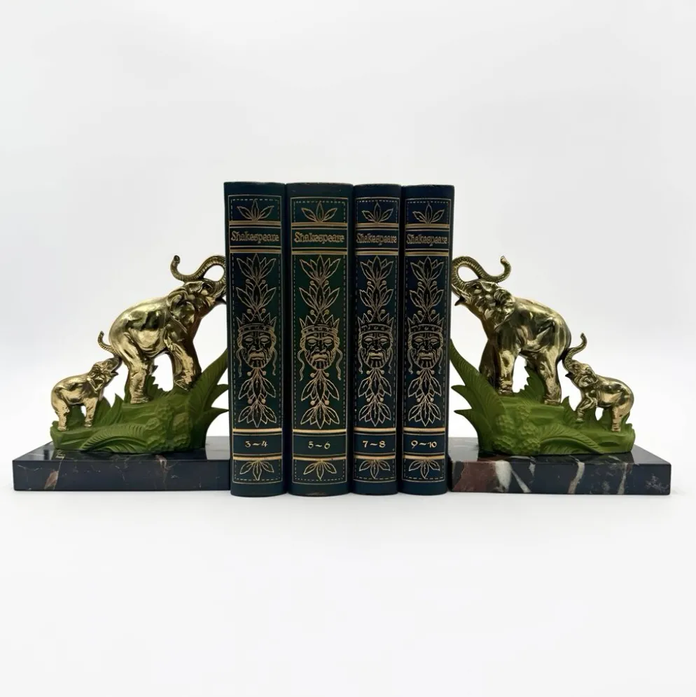 Serre-livres Art Déco éléphants laiton et marbre
