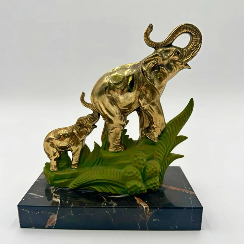Serre-livres Art Déco éléphants laiton et marbre