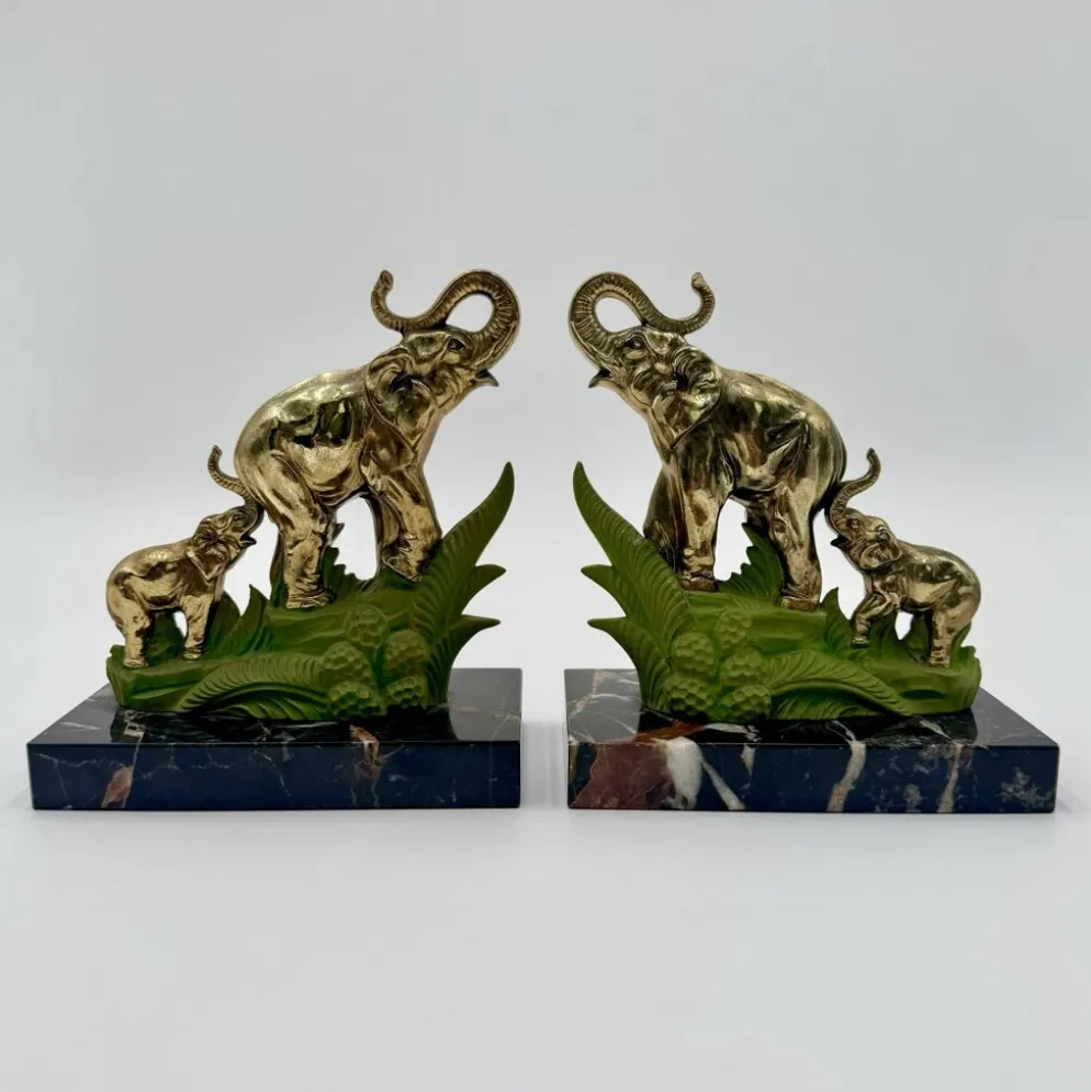 Serre-livres Art Déco éléphants laiton et marbre