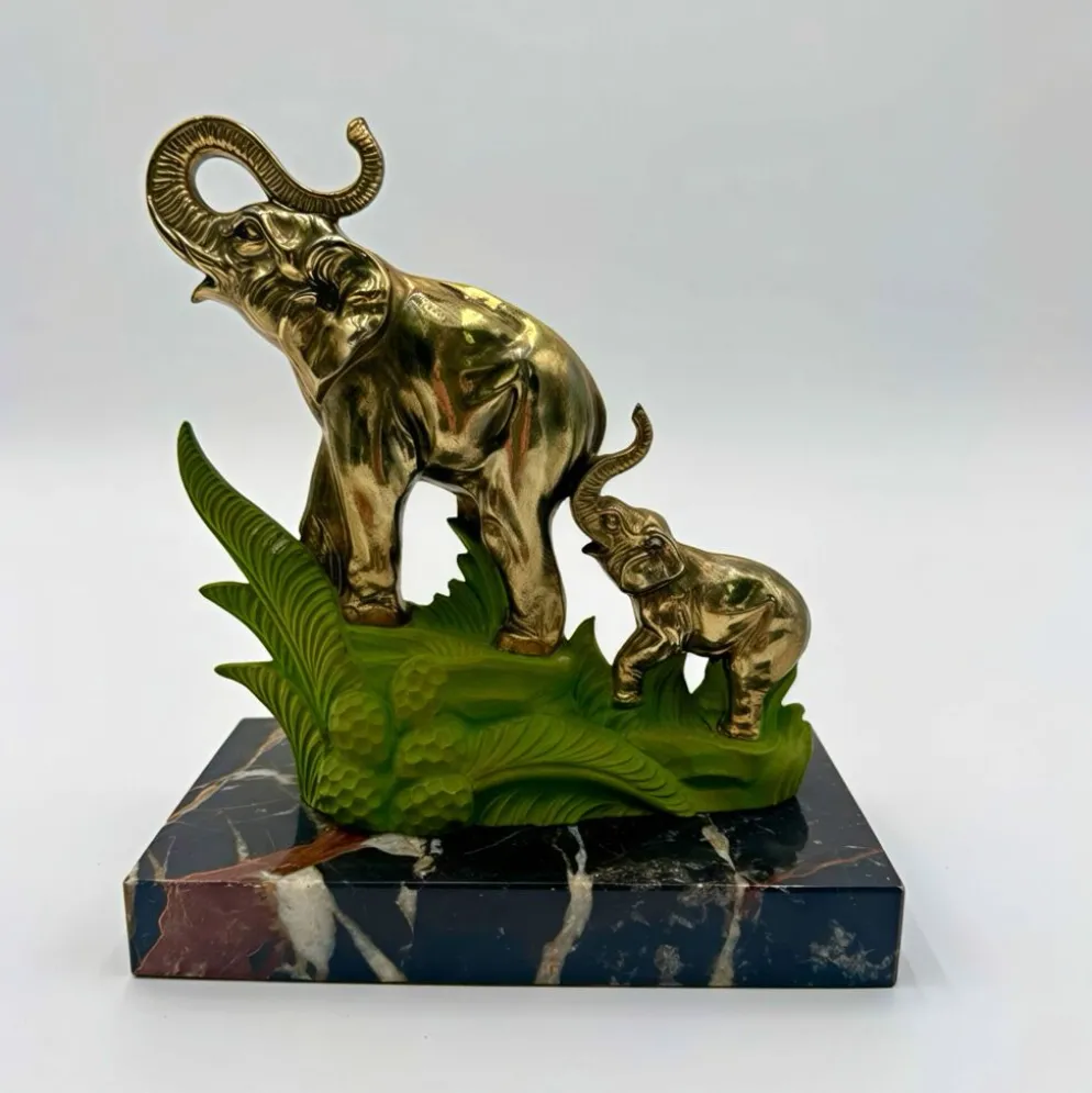 Serre-livres Art Déco éléphants laiton et marbre
