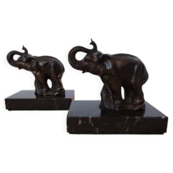 Serre-livres Art déco signés Gallot – éléphants en régule sur marbre