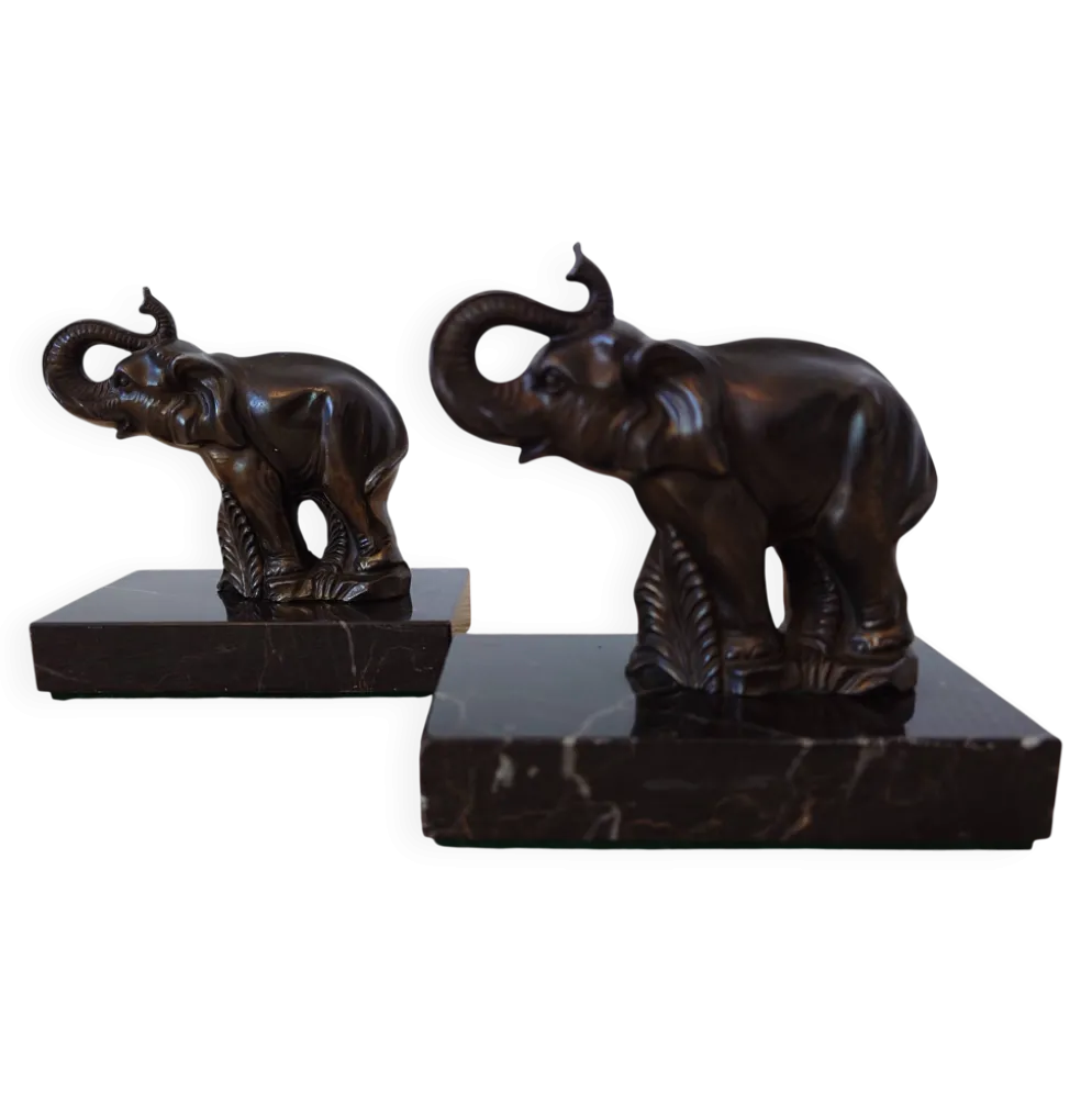 Serre-livres Art déco signés Gallot – éléphants en régule sur marbre