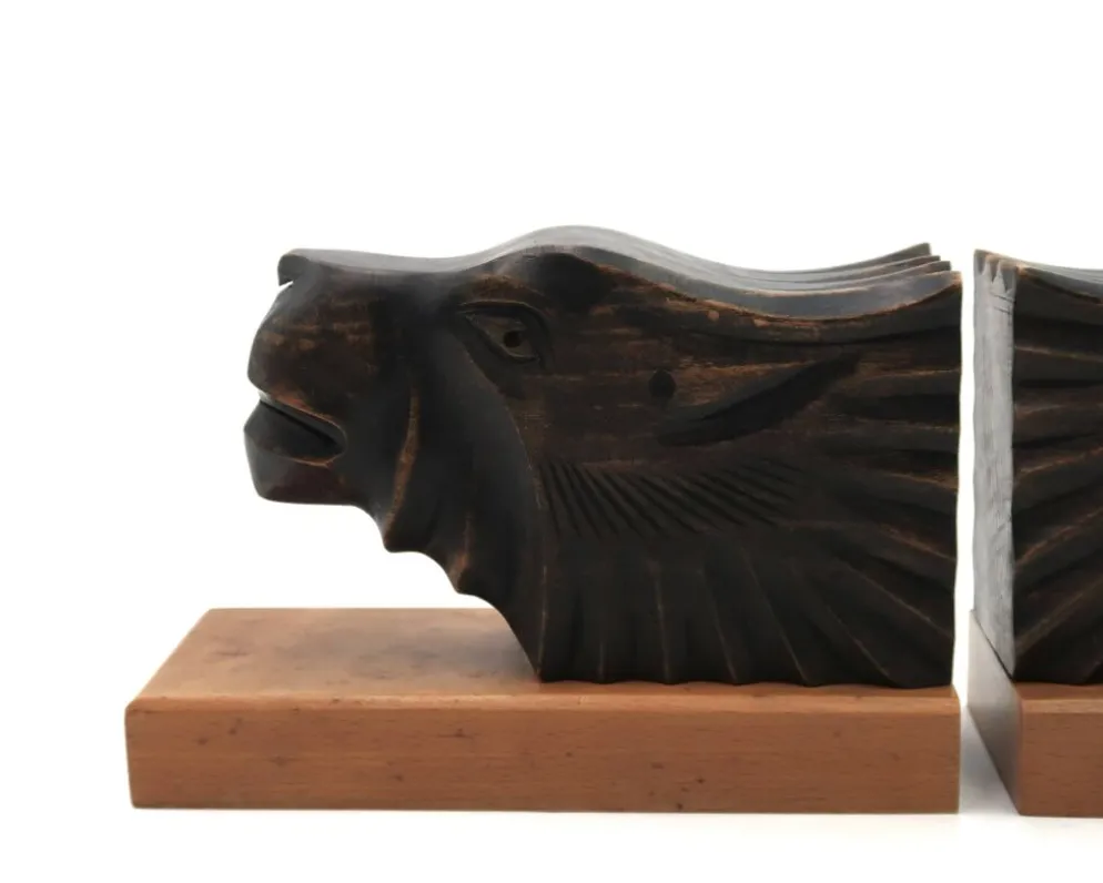 Serre-livres Art Deco en bois têtes de félins