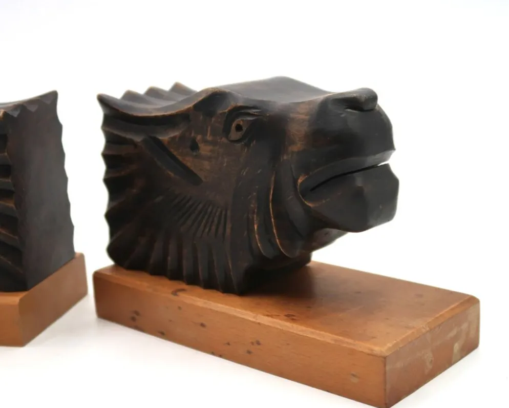 Serre-livres Art Deco en bois têtes de félins