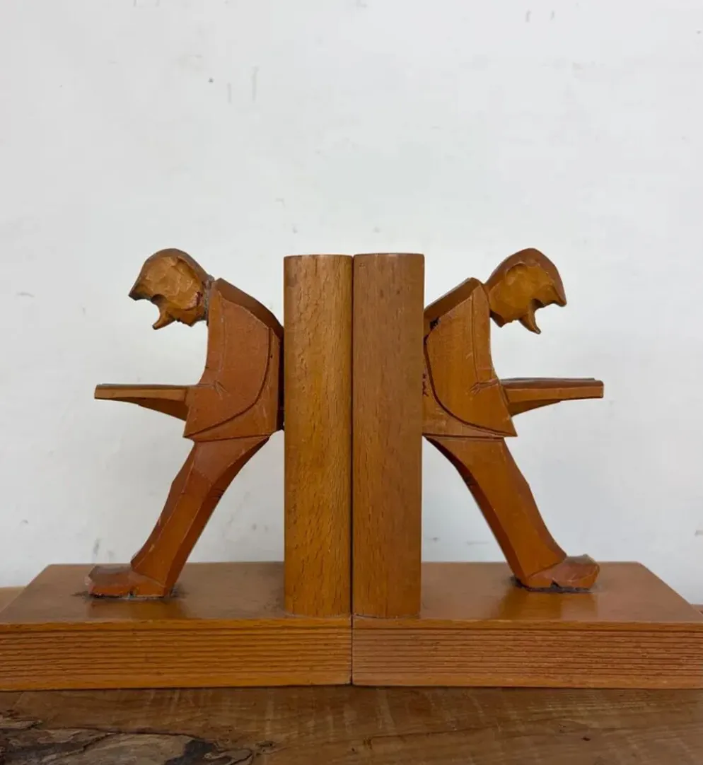 Serre-livres cubistes en bois sculpté, Allemagne milieu XXème