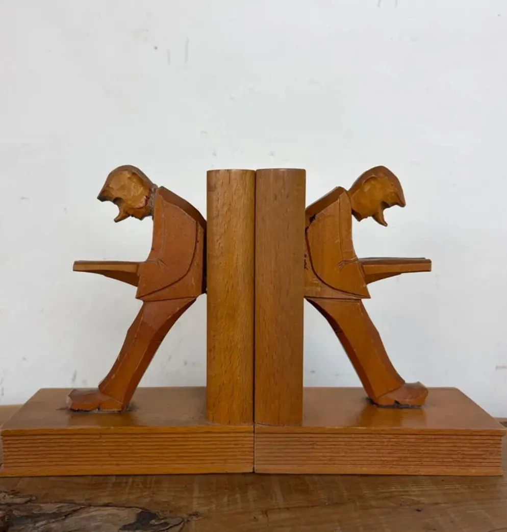 Serre-livres cubistes en bois sculpté, Allemagne milieu XXème