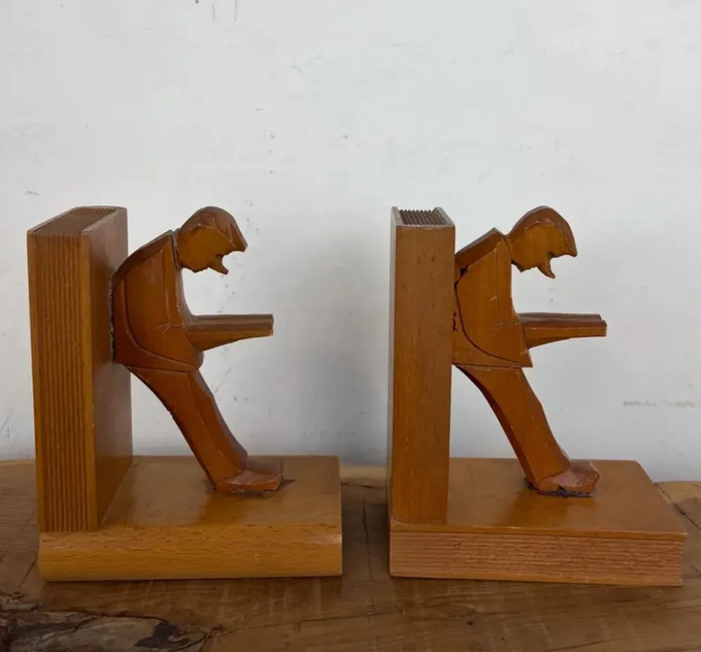 Serre-livres cubistes en bois sculpté, Allemagne milieu XXème