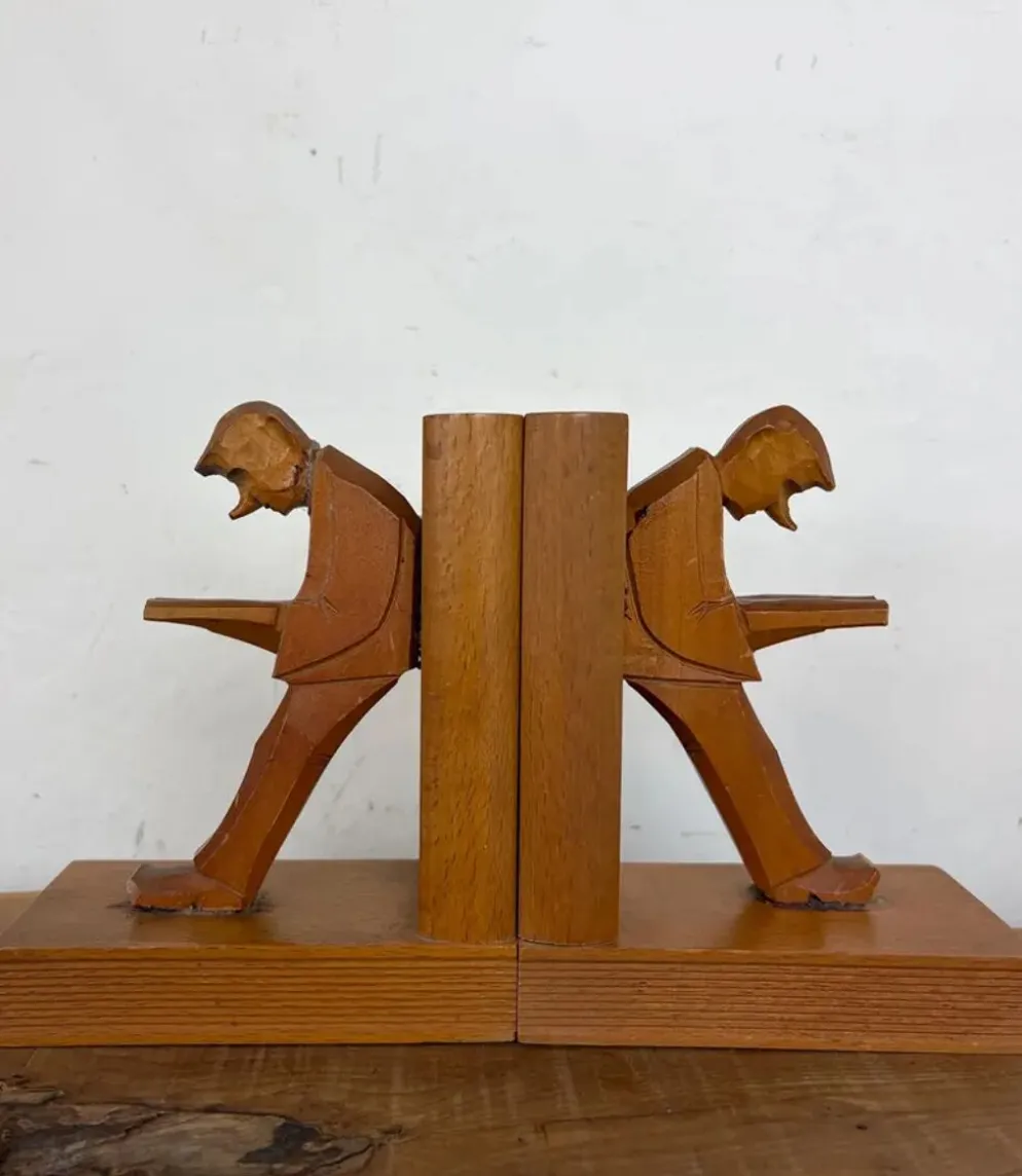 Serre-livres cubistes en bois sculpté, Allemagne milieu XXème