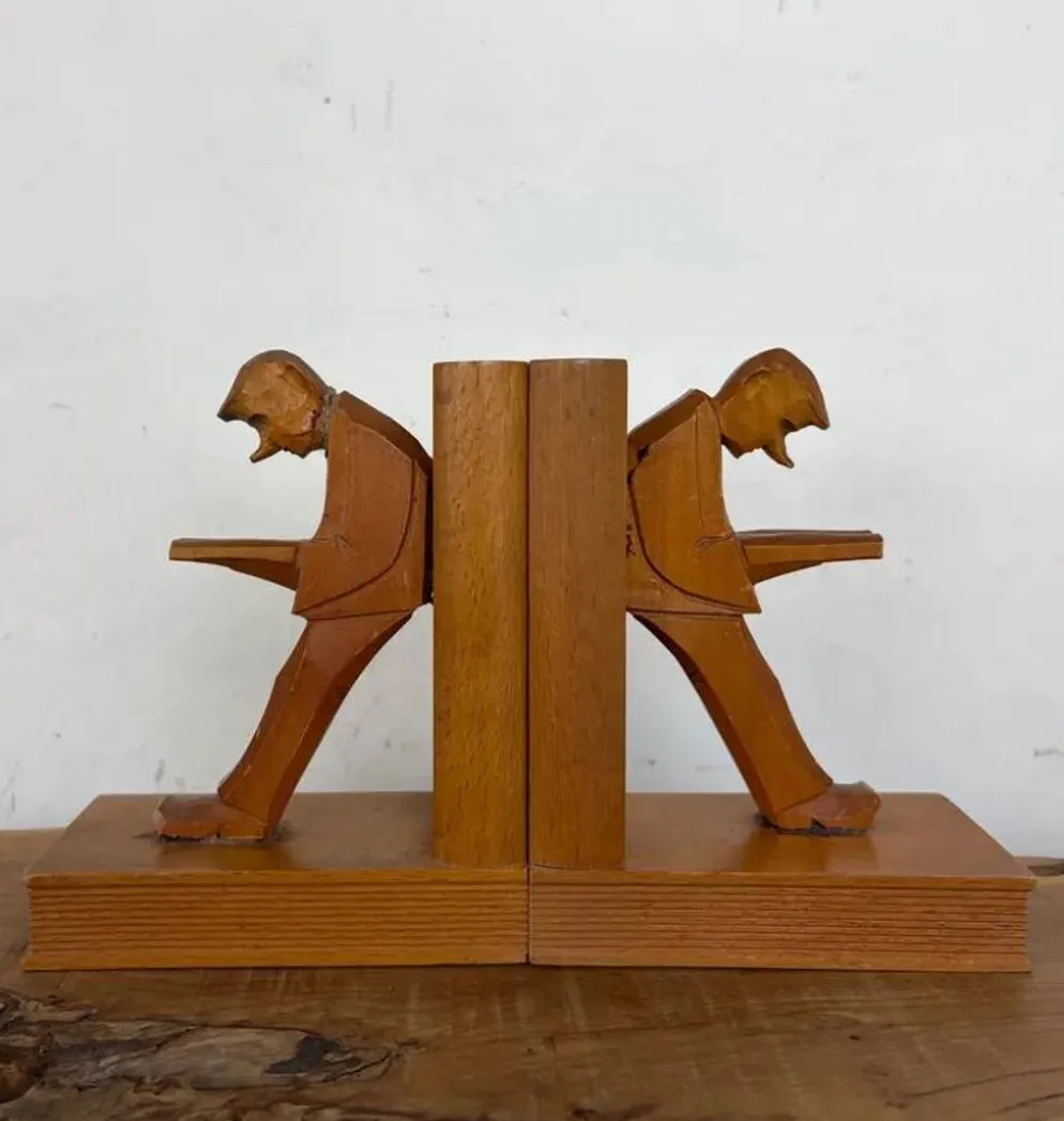 Serre-livres cubistes en bois sculpté, Allemagne milieu XXème