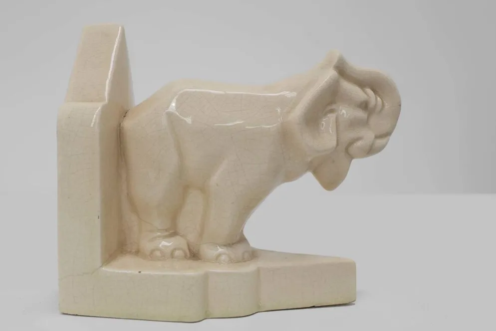Serre-livres en céramique Art déco française à motif d'éléphant, années 1930