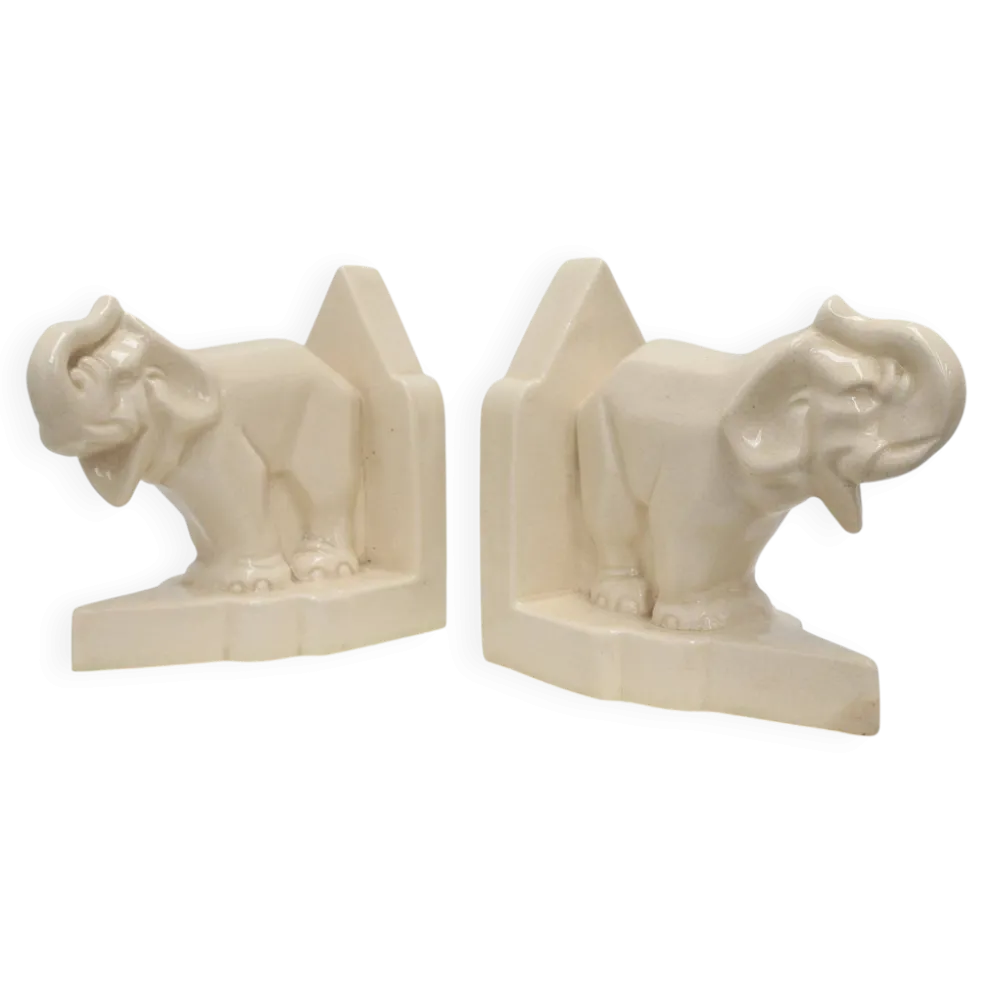 Serre-livres en céramique Art déco française à motif d'éléphant, années 1930