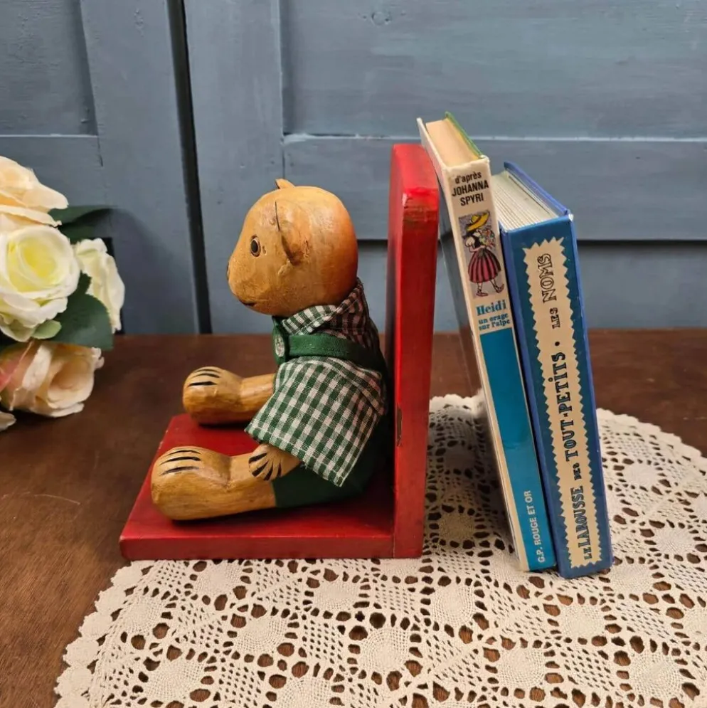 Serre-livres ourson vintage en bois peint – Déco enfant rétro