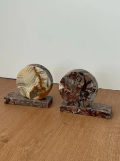 Serre-livres vintage en agate et marbre | Paire d'accessoires de bureau en pierre polie