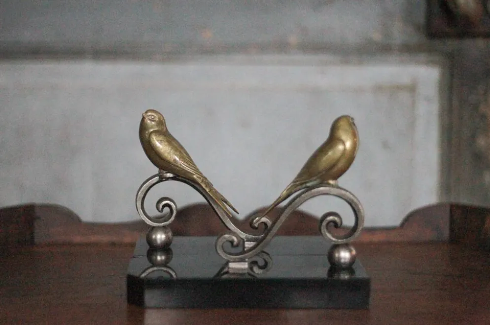Serre-livres vintage, oiseau laiton socle marbre noir, animaux laiton