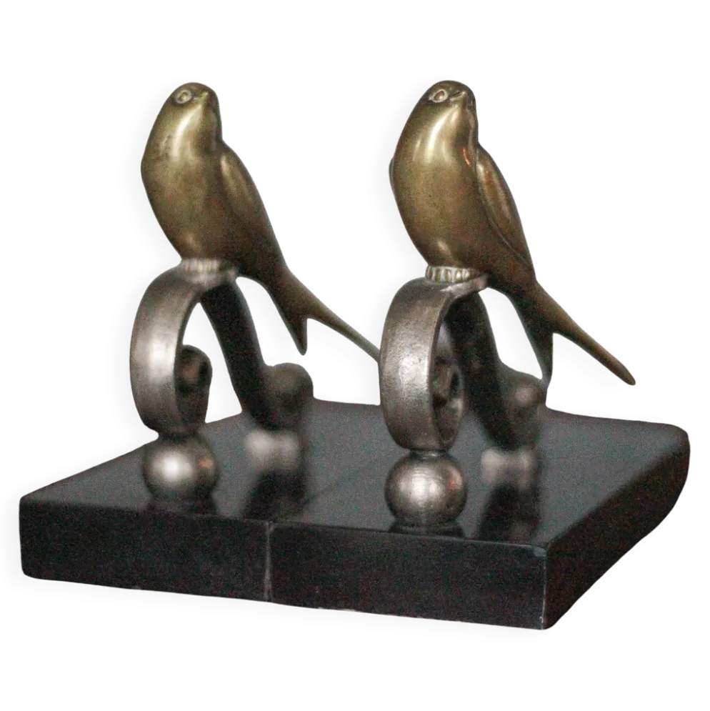 Serre-livres vintage, oiseau laiton socle marbre noir, animaux laiton