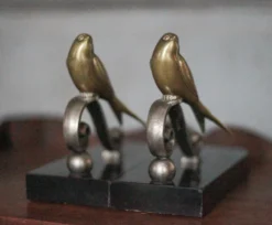 Serre-livres vintage, oiseau laiton socle marbre noir, animaux laiton
