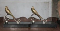 Serre-livres vintage, oiseau laiton socle marbre noir, animaux laiton