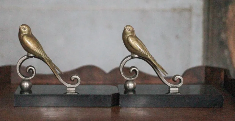 Serre-livres vintage, oiseau laiton socle marbre noir, animaux laiton