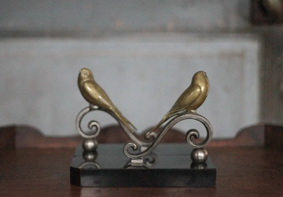 Serre-livres vintage, oiseau laiton socle marbre noir, animaux laiton