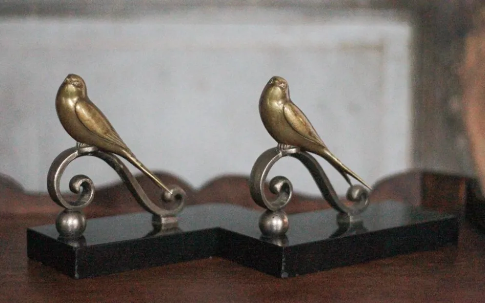 Serre-livres vintage, oiseau laiton socle marbre noir, animaux laiton