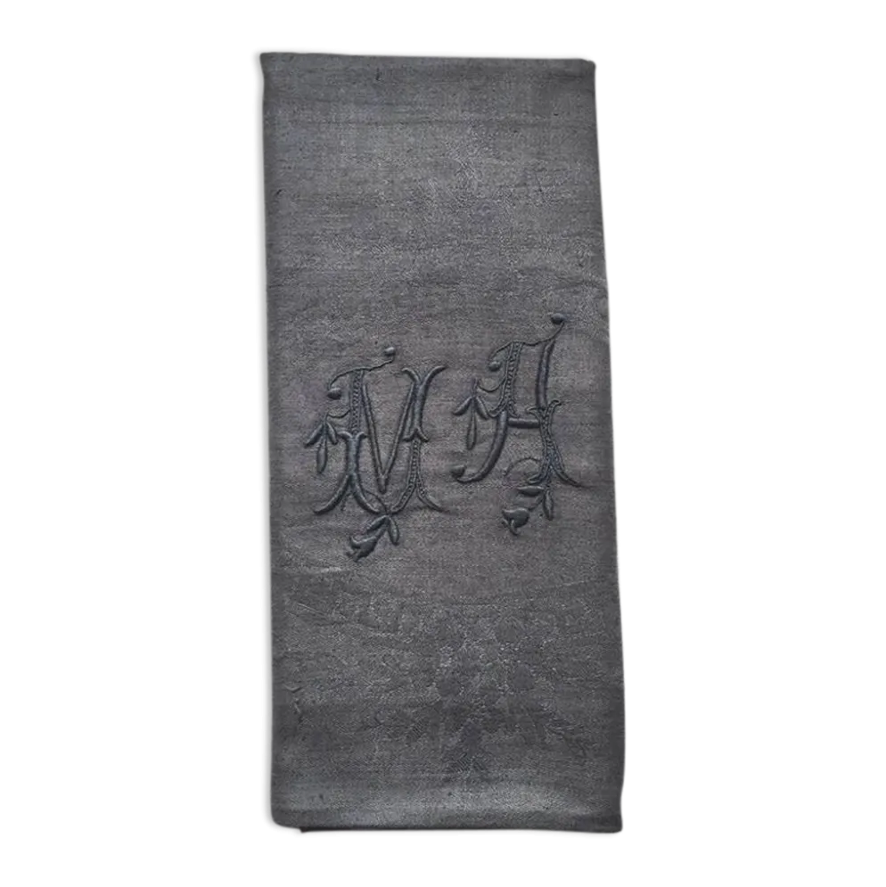Serviette de table ancienne brodée MA gris foncé