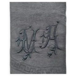 Serviette de table ancienne brodée MA gris foncé