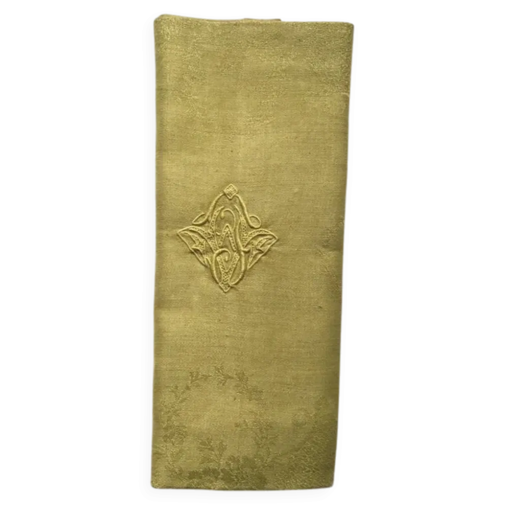 Serviette de table ancienne verte brodée F