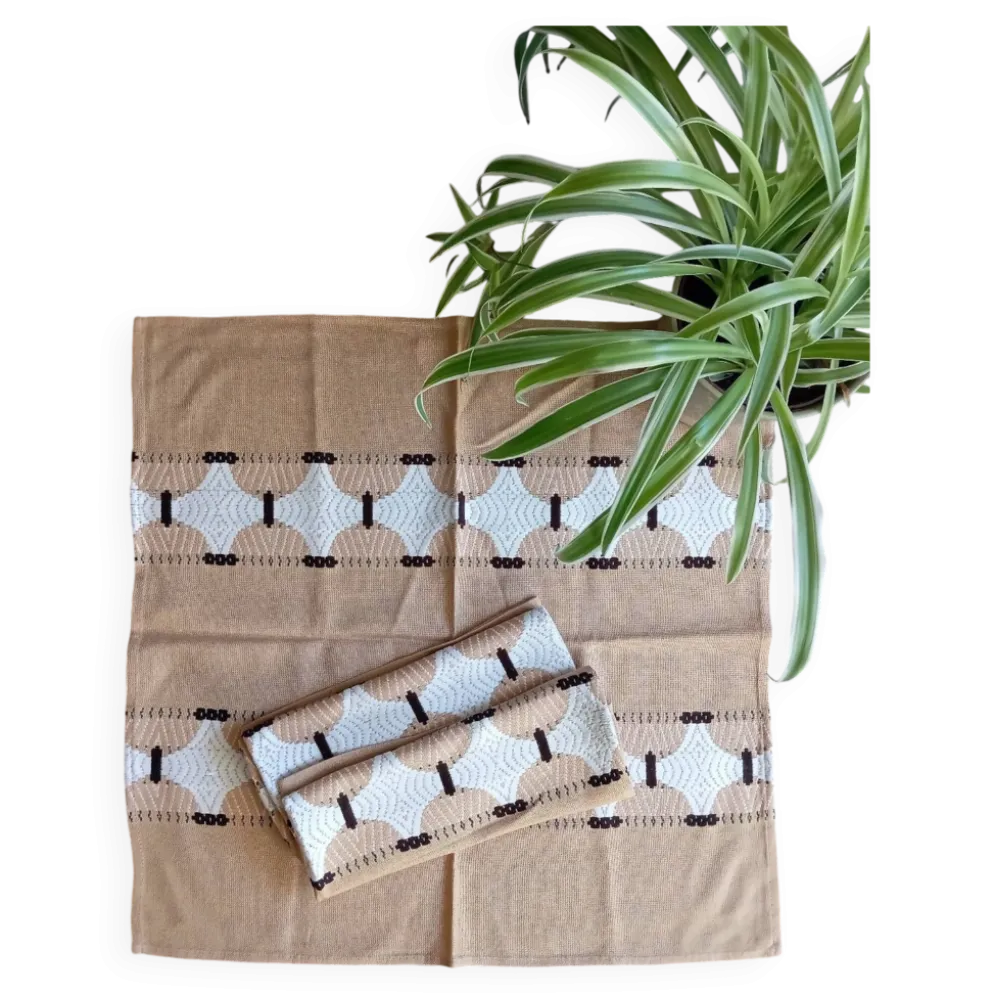 5 serviettes de table 49x49 cm beige à motif géométrique, vintage