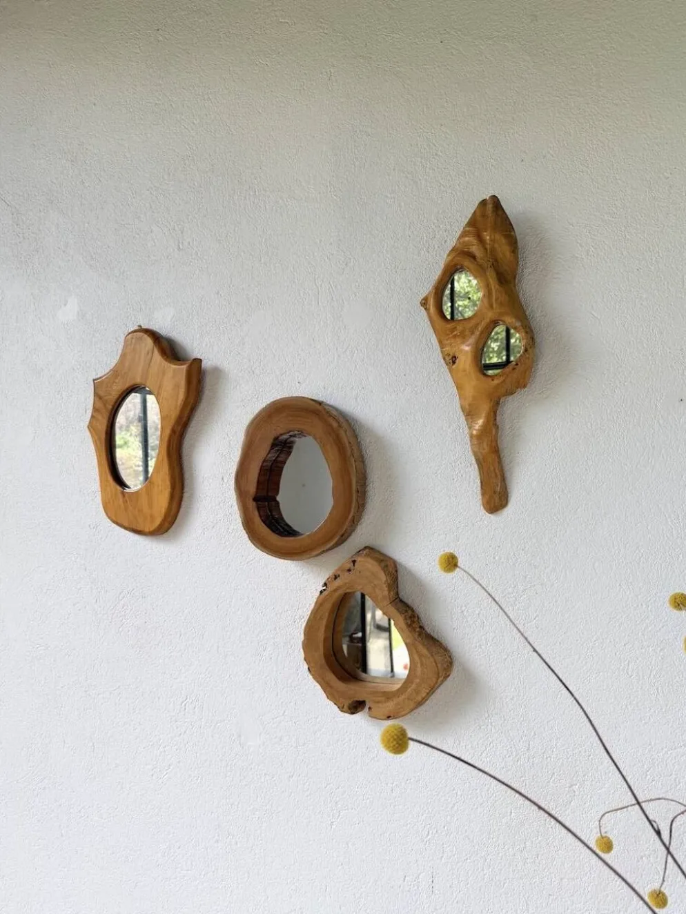 Set de 4 miroirs organiques brutalistes en bois années 50